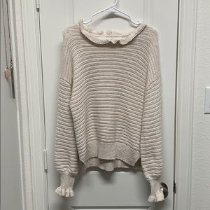 Ruffle-Neck Pullover Sweater in Cotton-Merino Yarn